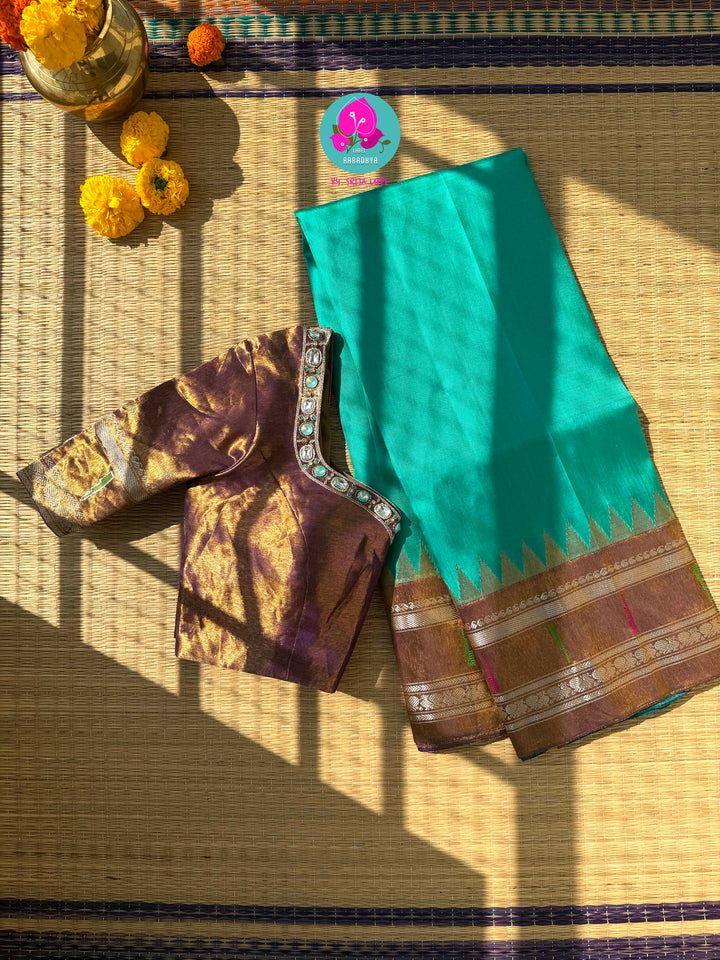 Amethyst & Amber: Deep Plum Pure Tissue Gadwal Saree with Luminous Copper Border and Stone-Encrusted Blouse