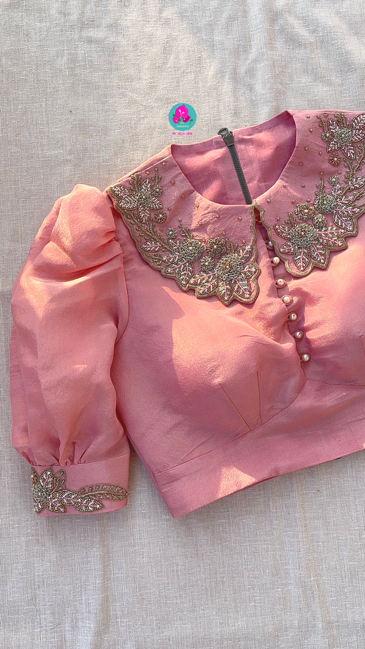Peter Pan collared Baby pink soft tissue blouse