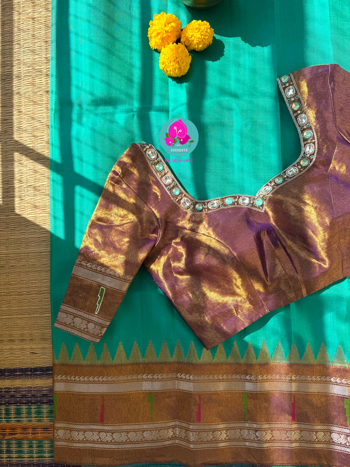 Amethyst & Amber: Deep Plum Pure Tissue Gadwal Saree with Luminous Copper Border and Stone-Encrusted Blouse