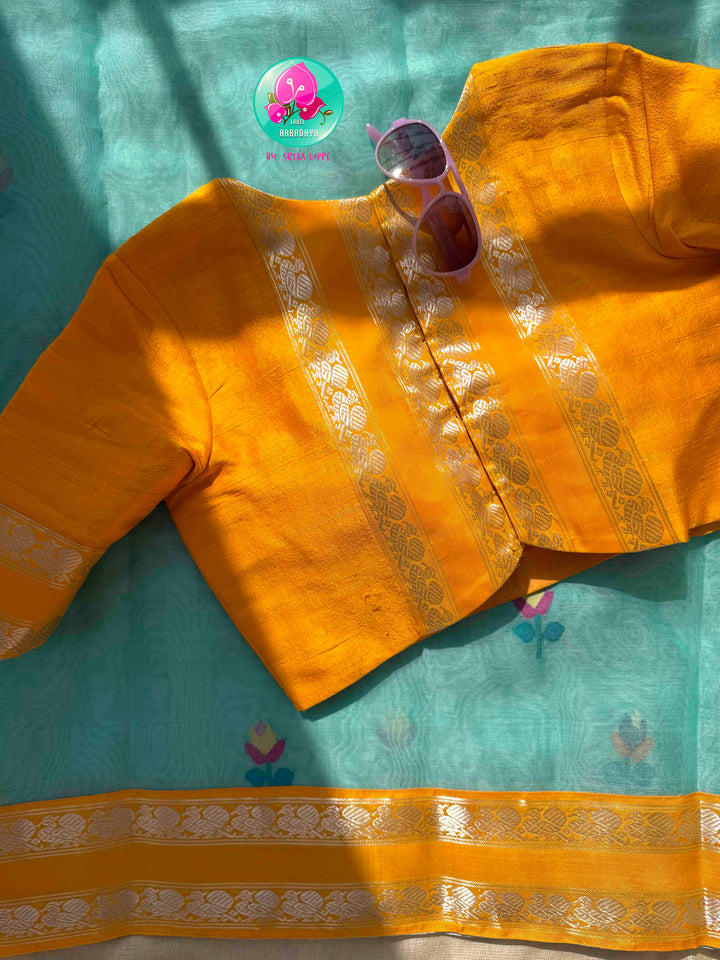 Ethereal Aquamarine & Mustard Fusion: Blue Jamdani-Kanchiorganza Silk Saree with Mustard Silk Blouse