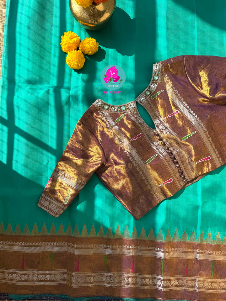 Amethyst & Amber: Deep Plum Pure Tissue Gadwal Saree with Luminous Copper Border and Stone-Encrusted Blouse