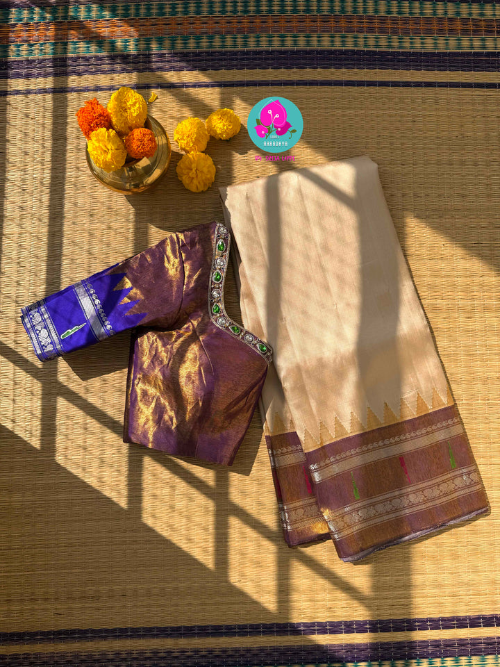 Celestial Sea: Vibrant Teal Pure Tissue Gadwal Saree with Luminous Copper Border & Jeweled Blouse