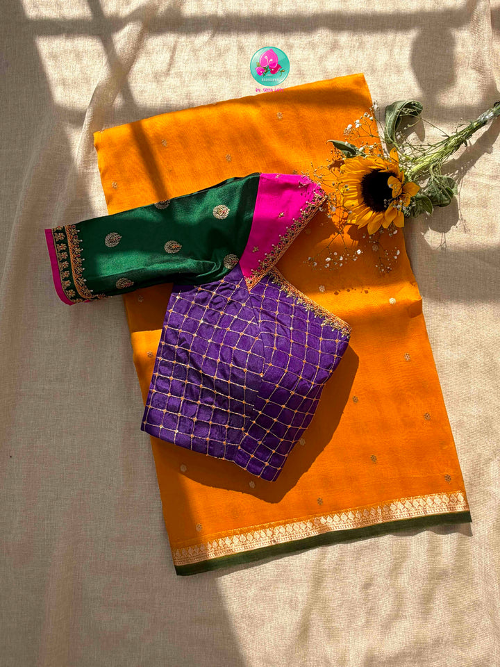 Sunlit Banarasi Splendor: Pure Banarasi Kora Organza Saree & Color-Blocked Maggam Blouse