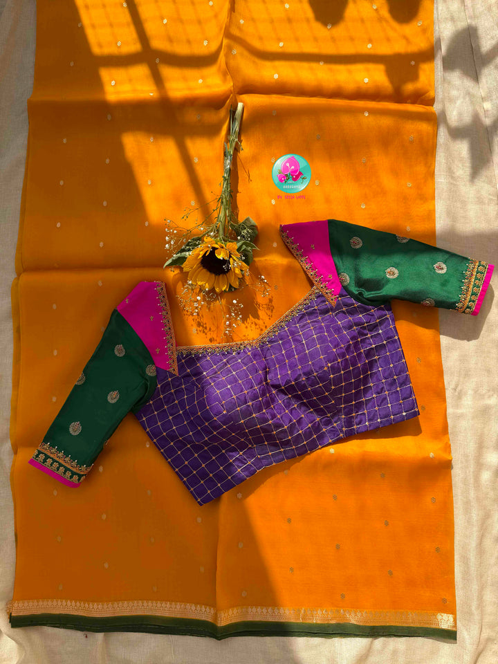 Sunlit Banarasi Splendor: Pure Banarasi Kora Organza Saree & Color-Blocked Maggam Blouse