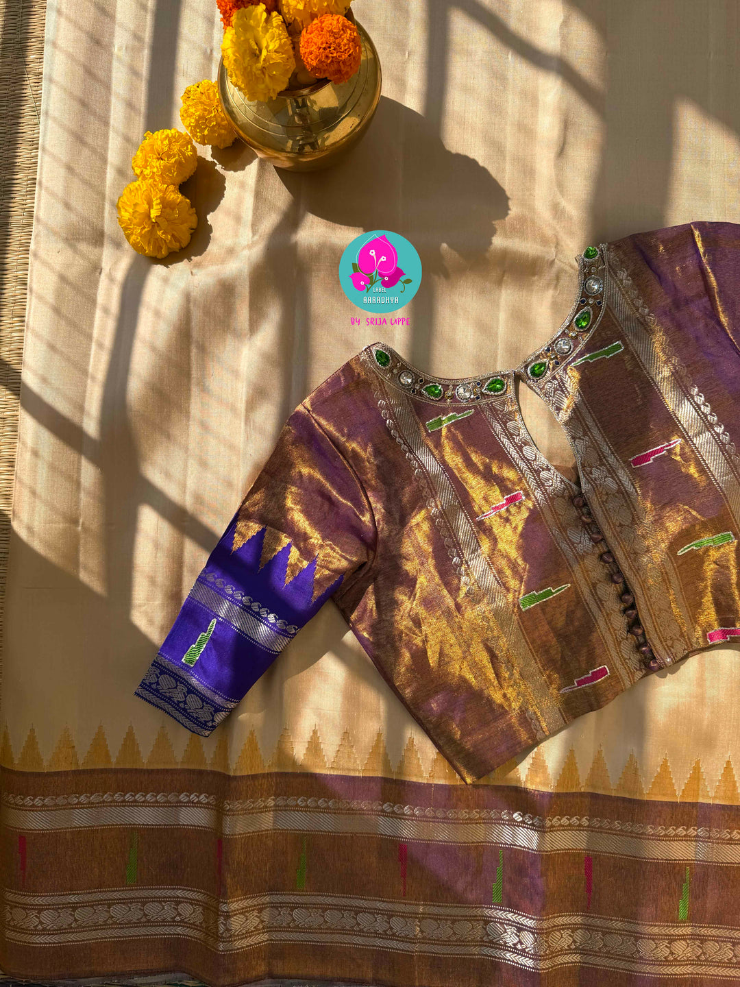 Celestial Sea: Vibrant Teal Pure Tissue Gadwal Saree with Luminous Copper Border & Jeweled Blouse
