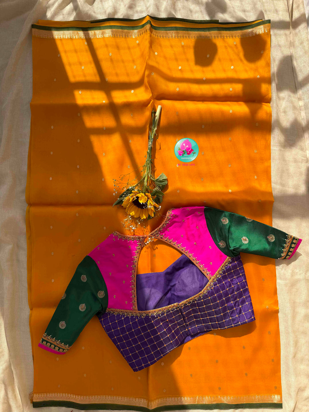 Sunlit Banarasi Splendor: Pure Banarasi Kora Organza Saree & Color-Blocked Maggam Blouse