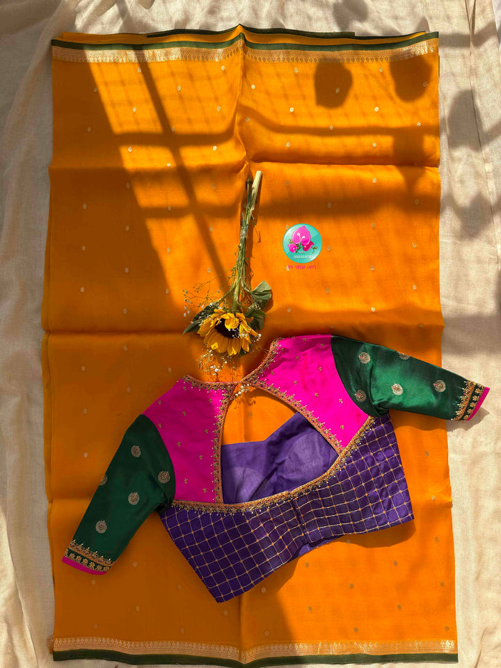 Sunlit Banarasi Splendor: Pure Banarasi Kora Organza Saree & Color-Blocked Maggam Blouse