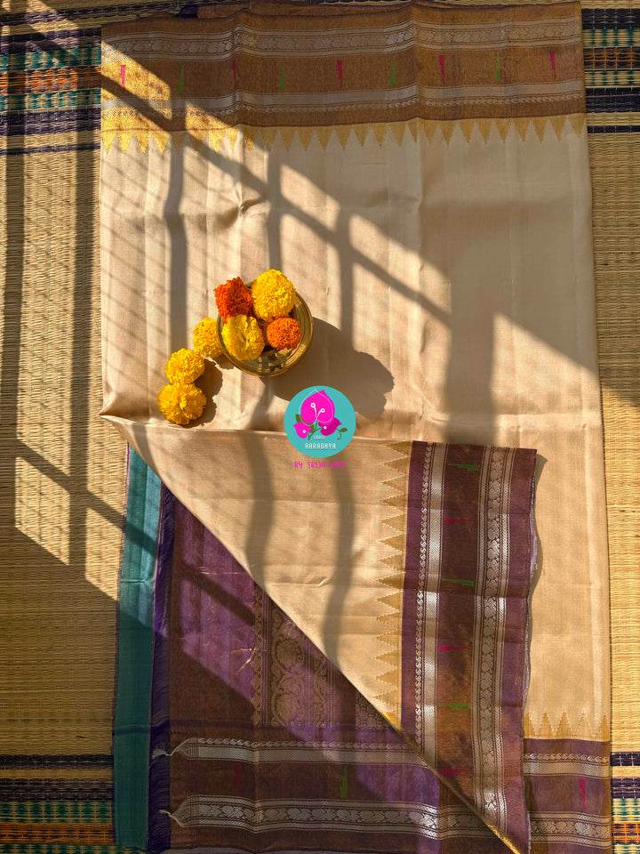 Celestial Sea: Vibrant Teal Pure Tissue Gadwal Saree with Luminous Copper Border & Jeweled Blouse