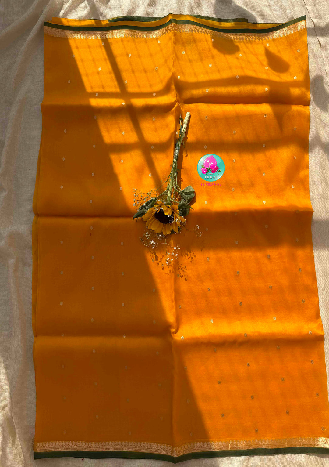 Sunlit Banarasi Splendor: Pure Banarasi Kora Organza Saree & Color-Blocked Maggam Blouse