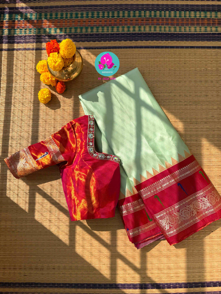 Emerald & Amber: Radiant Green Pure Tissue Gadwal Saree with Luminous Copper Muniya Border & Jeweled Blouse