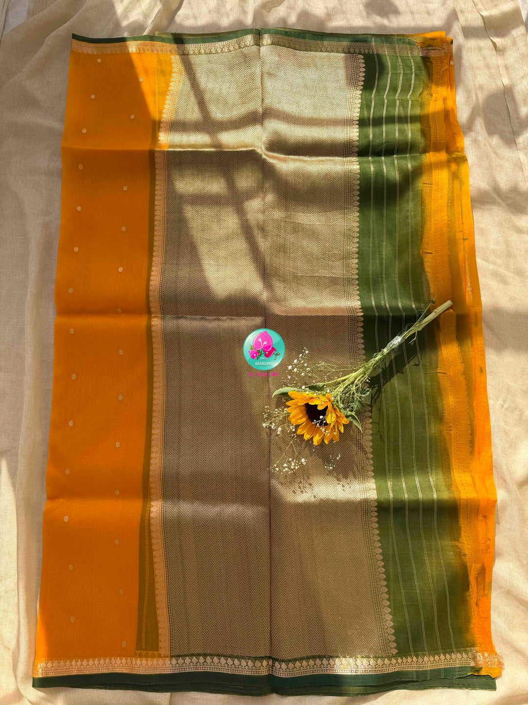 Sunlit Banarasi Splendor: Pure Banarasi Kora Organza Saree & Color-Blocked Maggam Blouse