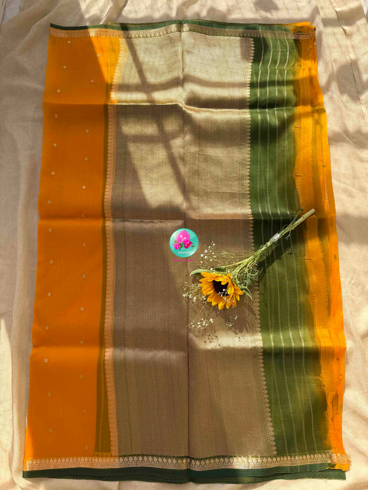 Sunlit Banarasi Splendor: Pure Banarasi Kora Organza Saree & Color-Blocked Maggam Blouse