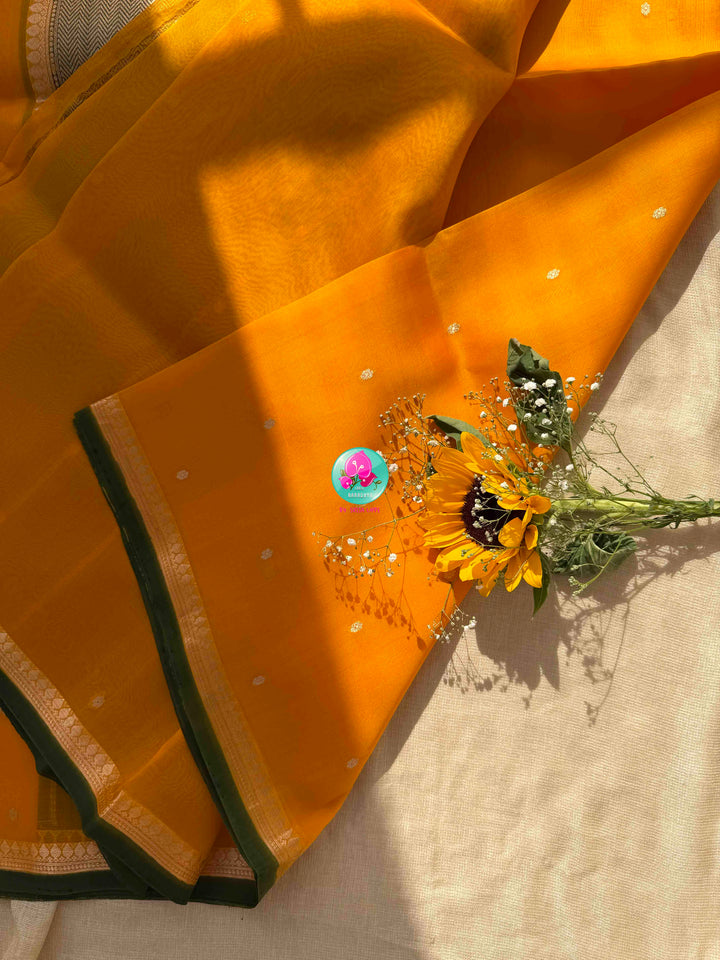 Sunlit Banarasi Splendor: Pure Banarasi Kora Organza Saree & Color-Blocked Maggam Blouse