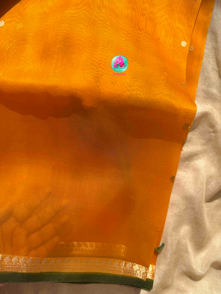 Sunlit Banarasi Splendor: Pure Banarasi Kora Organza Saree & Color-Blocked Maggam Blouse