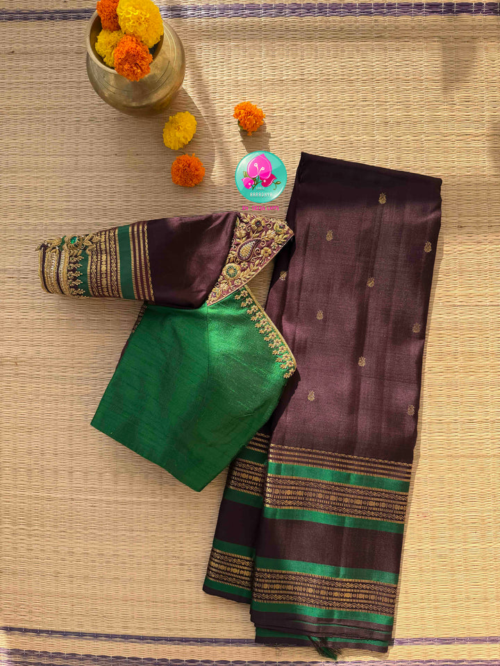 Earthy Elegance & Emerald Contrast: Dark Espresso Brown Pure Kanjeevaram Saree with Signature Hand-Embroidered Fusion Blouse