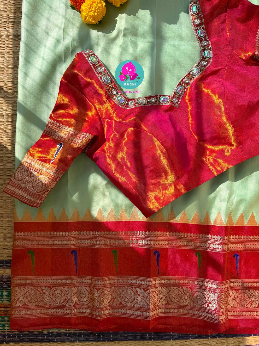 Emerald & Amber: Radiant Green Pure Tissue Gadwal Saree with Luminous Copper Muniya Border & Jeweled Blouse