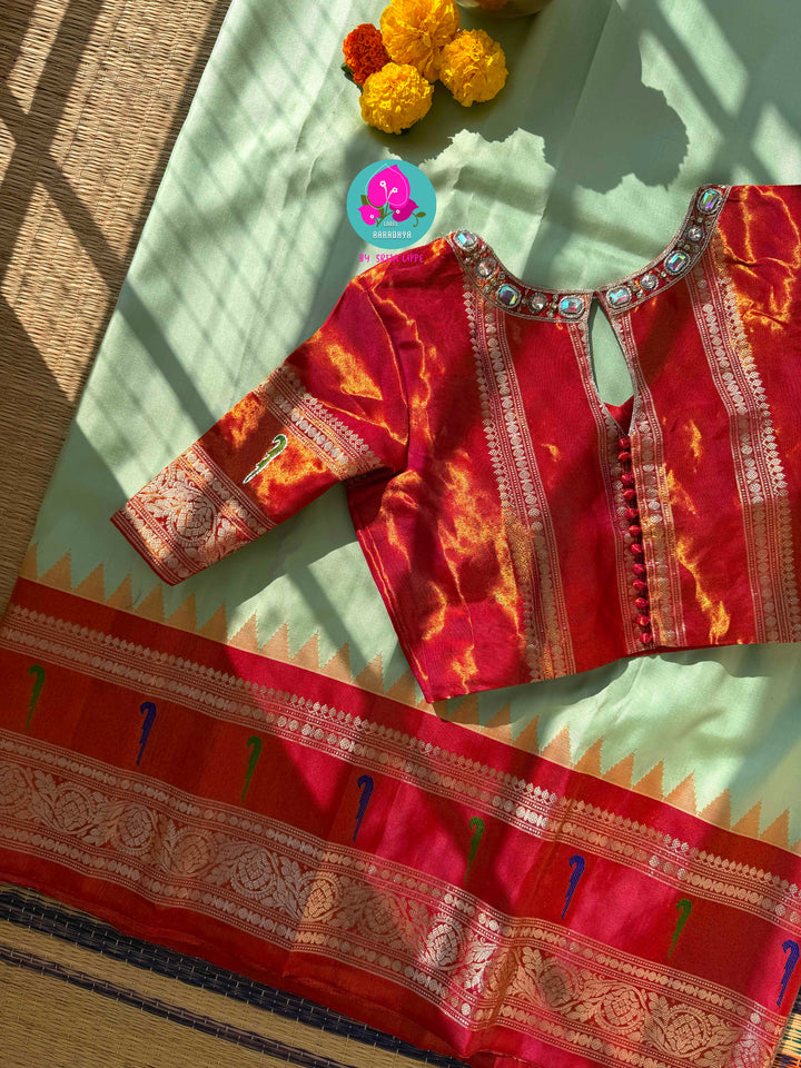 Emerald & Amber: Radiant Green Pure Tissue Gadwal Saree with Luminous Copper Muniya Border & Jeweled Blouse