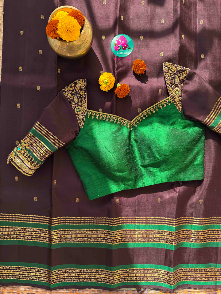 Earthy Elegance & Emerald Contrast: Dark Espresso Brown Pure Kanjeevaram Saree with Signature Hand-Embroidered Fusion Blouse