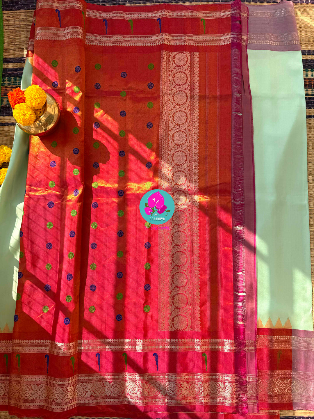 Emerald & Amber: Radiant Green Pure Tissue Gadwal Saree with Luminous Copper Muniya Border & Jeweled Blouse