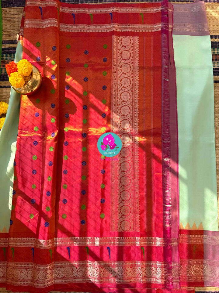 Emerald & Amber: Radiant Green Pure Tissue Gadwal Saree with Luminous Copper Muniya Border & Jeweled Blouse