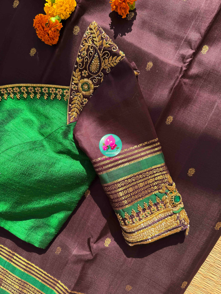 Earthy Elegance & Emerald Contrast: Dark Espresso Brown Pure Kanjeevaram Saree with Signature Hand-Embroidered Fusion Blouse