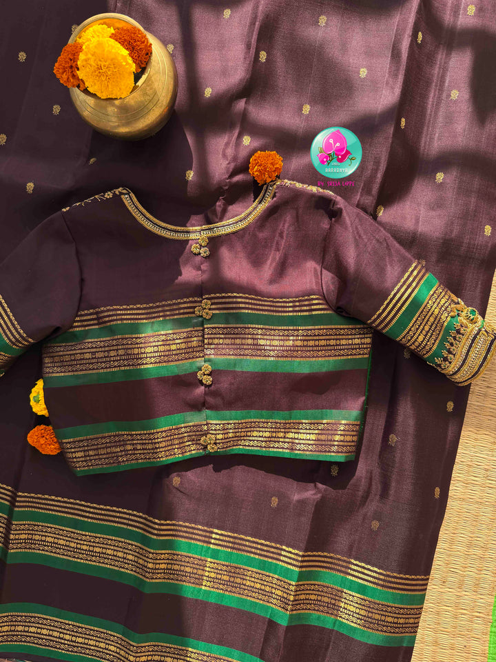 Earthy Elegance & Emerald Contrast: Dark Espresso Brown Pure Kanjeevaram Saree with Signature Hand-Embroidered Fusion Blouse