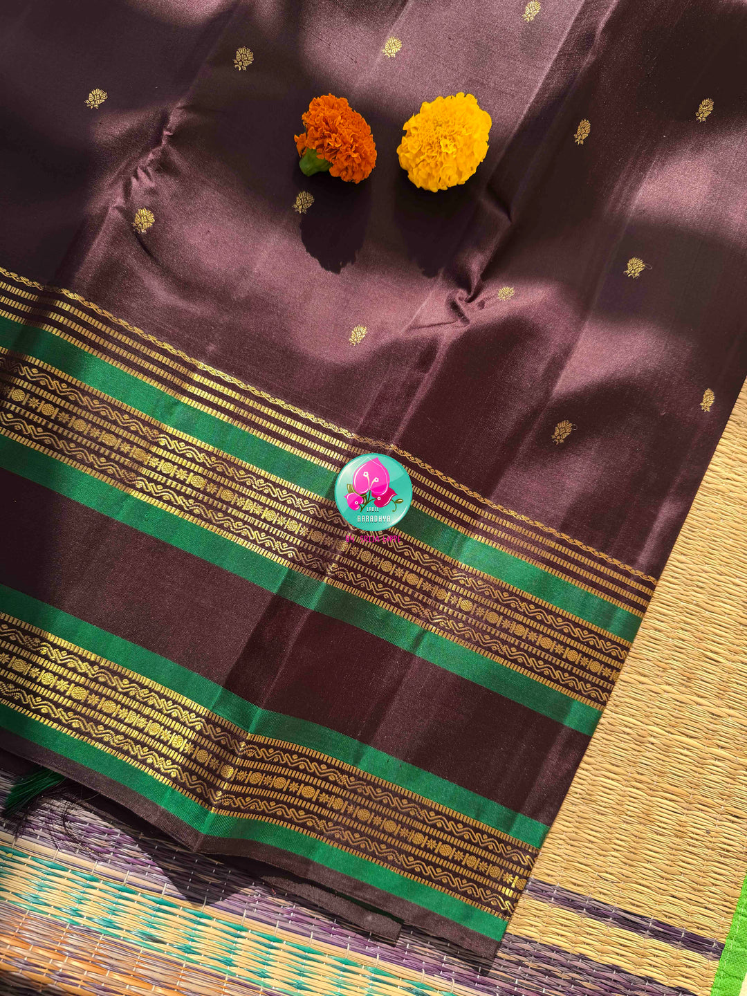 Earthy Elegance & Emerald Contrast: Dark Espresso Brown Pure Kanjeevaram Saree with Signature Hand-Embroidered Fusion Blouse
