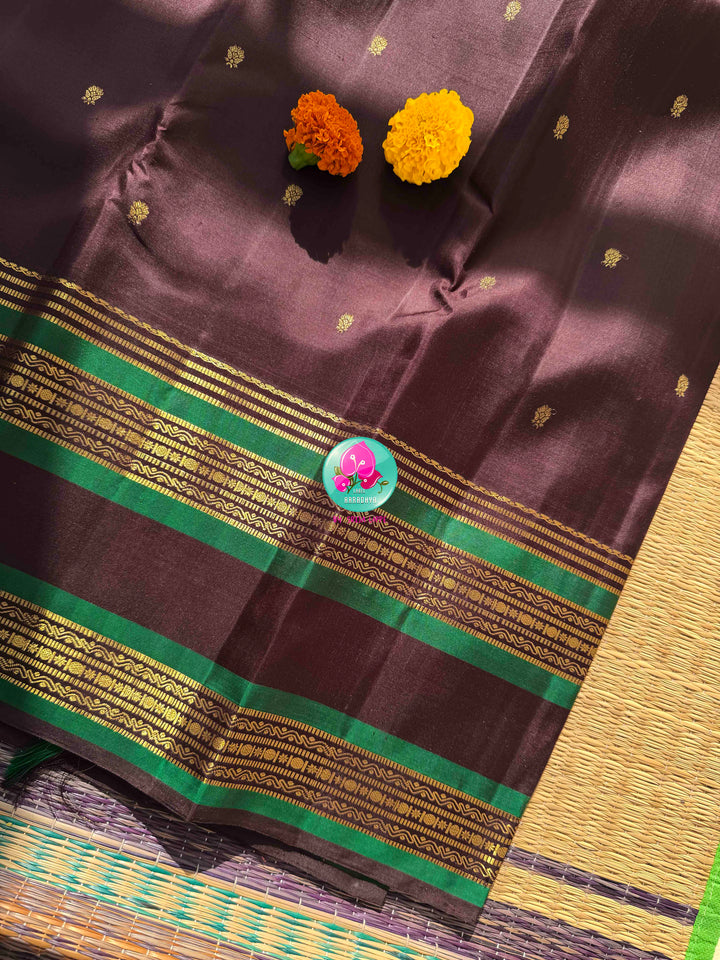Earthy Elegance & Emerald Contrast: Dark Espresso Brown Pure Kanjeevaram Saree with Signature Hand-Embroidered Fusion Blouse