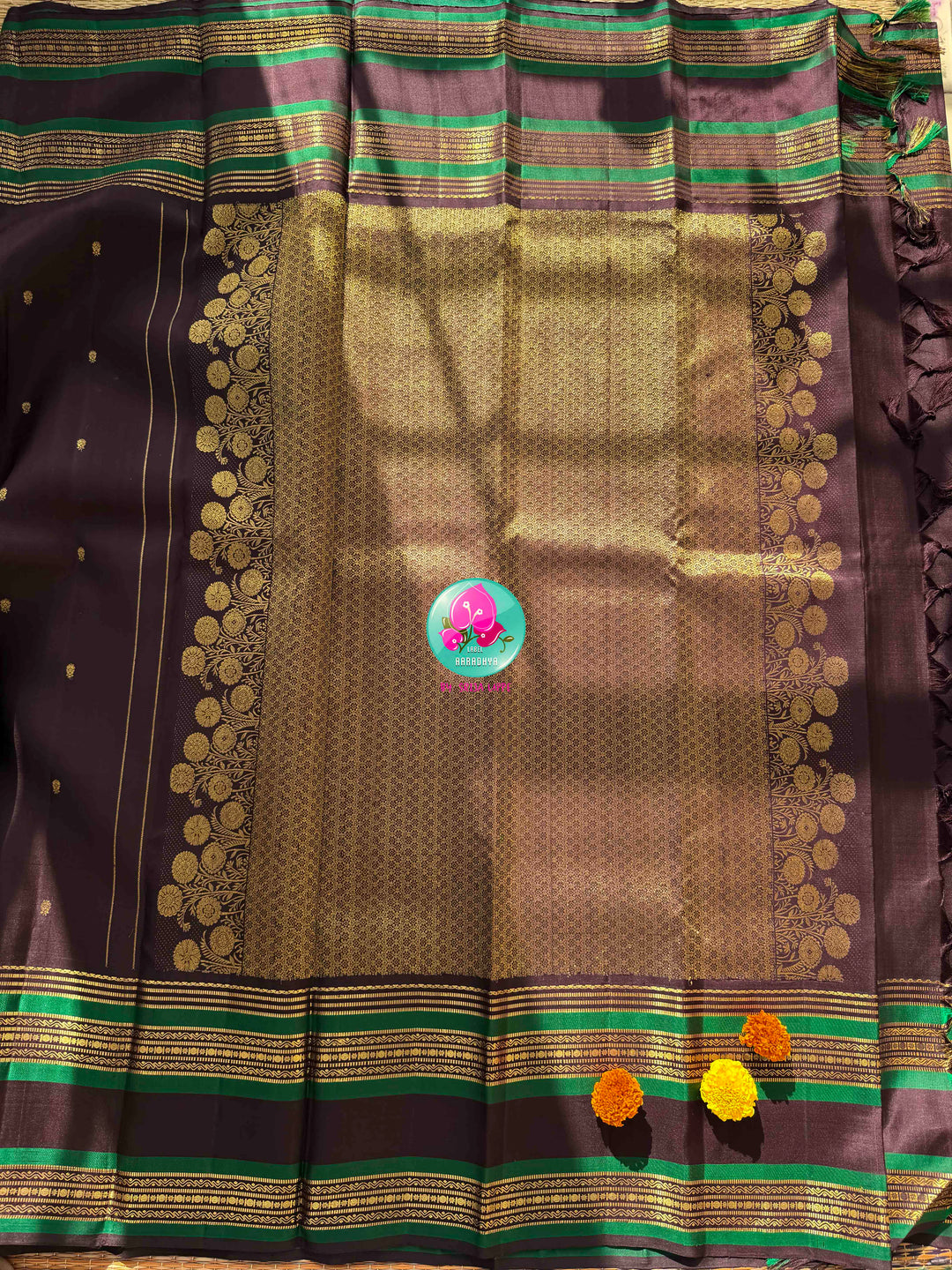Earthy Elegance & Emerald Contrast: Dark Espresso Brown Pure Kanjeevaram Saree with Signature Hand-Embroidered Fusion Blouse