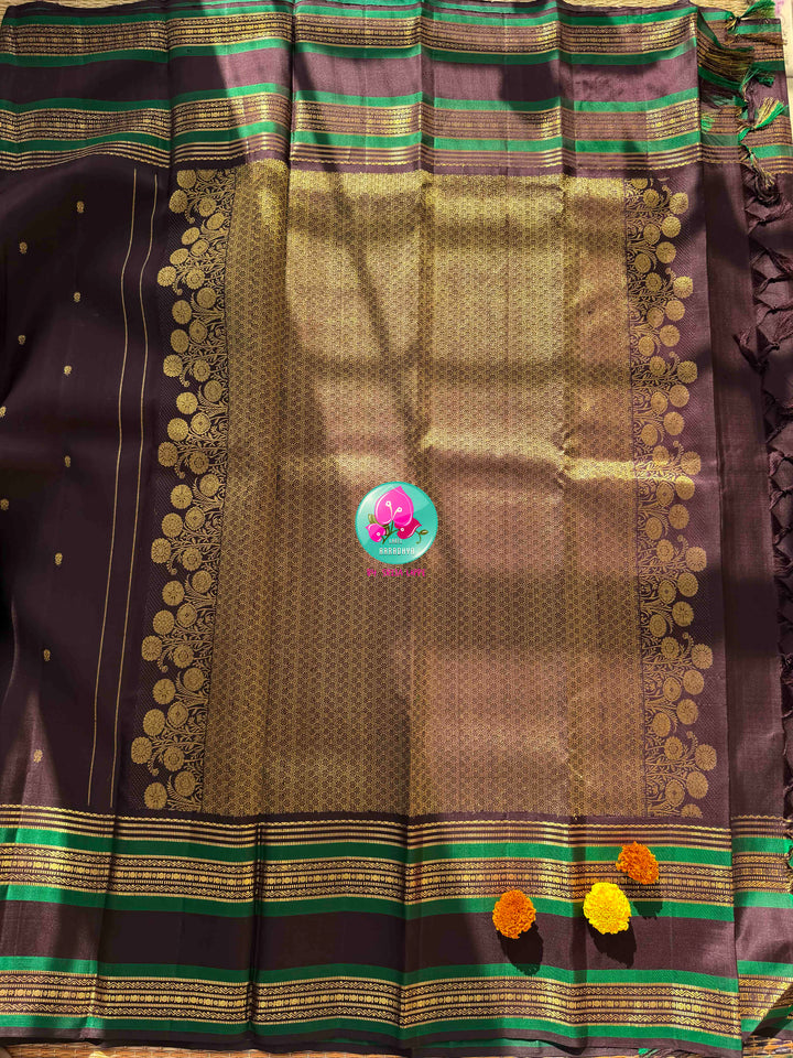 Earthy Elegance & Emerald Contrast: Dark Espresso Brown Pure Kanjeevaram Saree with Signature Hand-Embroidered Fusion Blouse