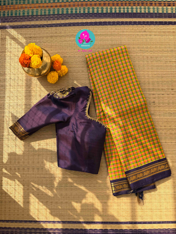 A Kaleidoscope of Tradition: Vintage Madras Checks Kanchipuram with Artisan Maggam Blouse