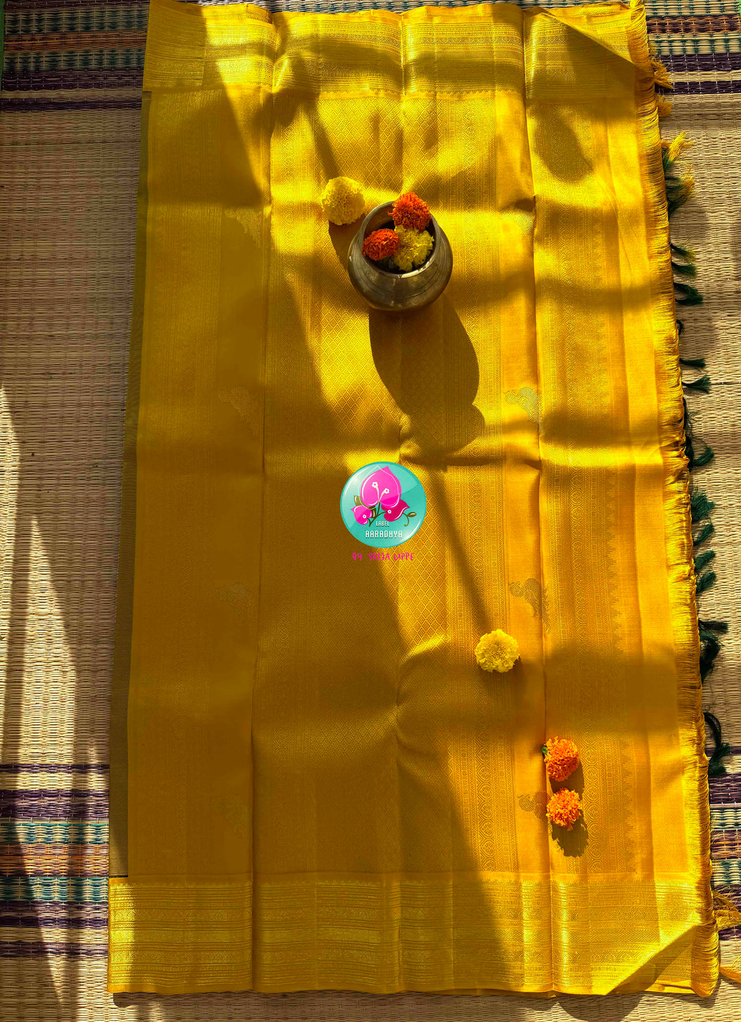 Sacred Pichwai Reverence: Bottle Green Pure Kanjeevaram Saree with Mustard Korvai Border & Kamadhenu Art