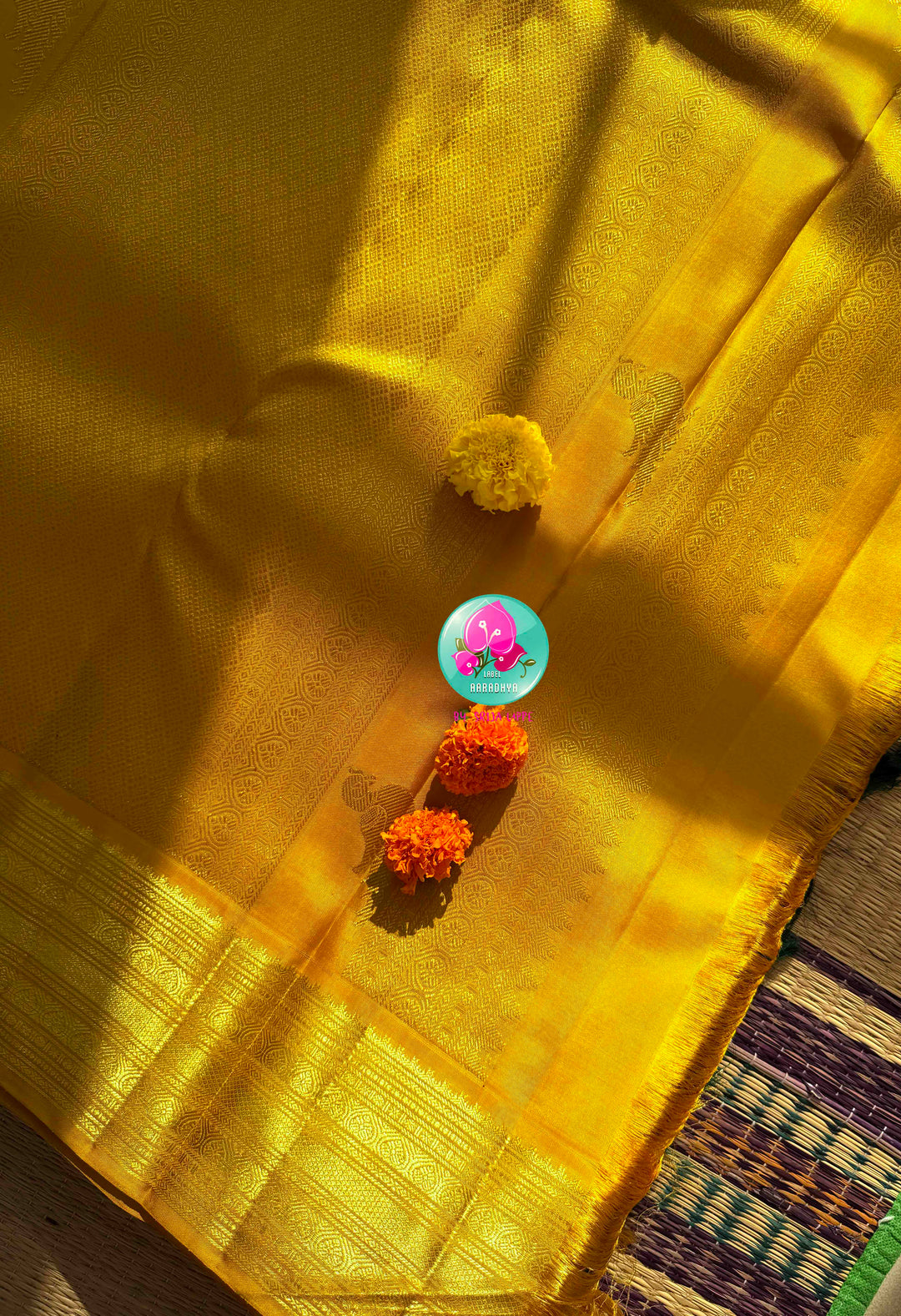 Sacred Pichwai Reverence: Bottle Green Pure Kanjeevaram Saree with Mustard Korvai Border & Kamadhenu Art