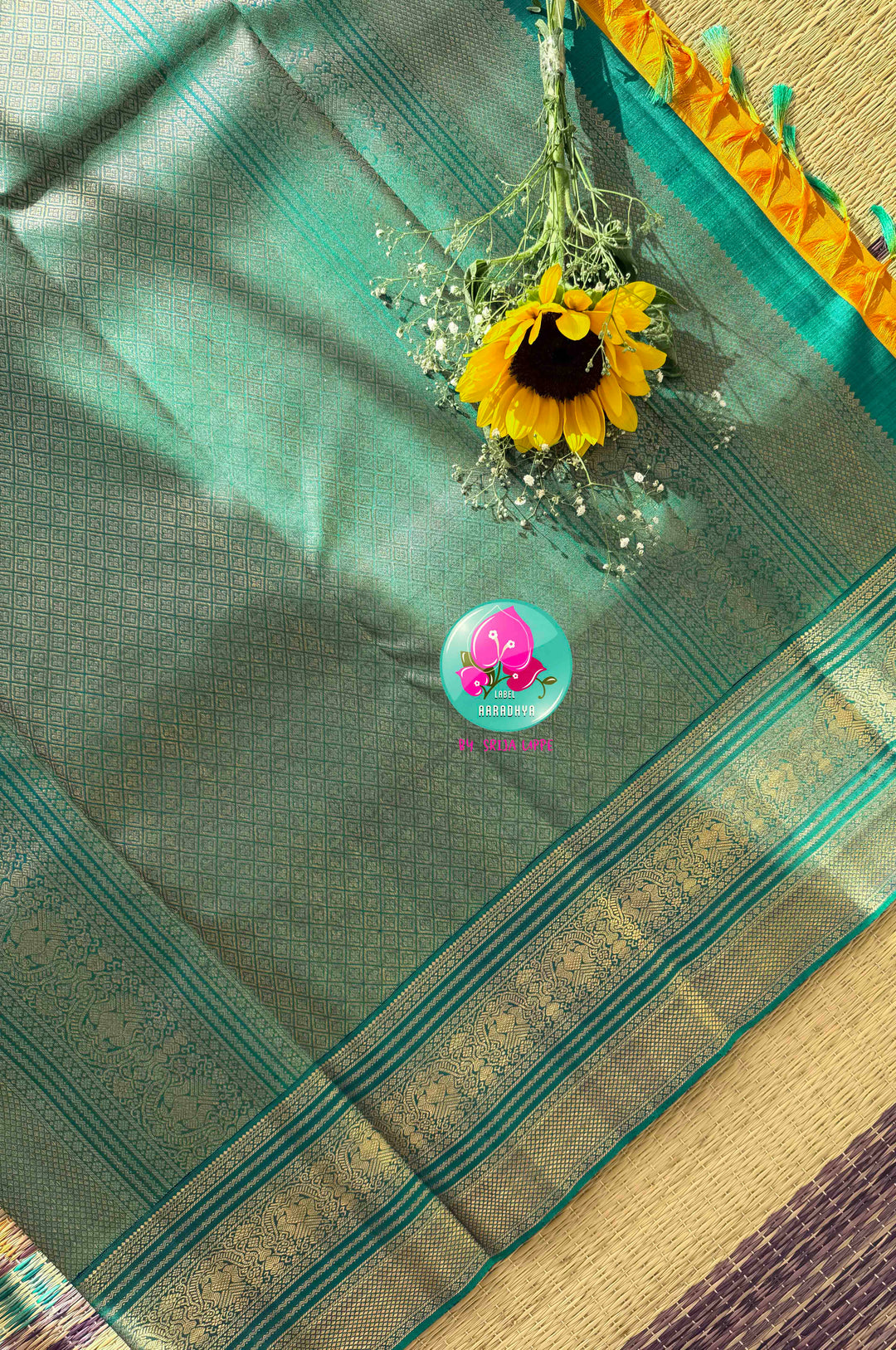 Vintage Radiance & Peacock Jewel: Mustard Yellow Pure Kanjeevaram Saree with Peacock Blue-Green Border