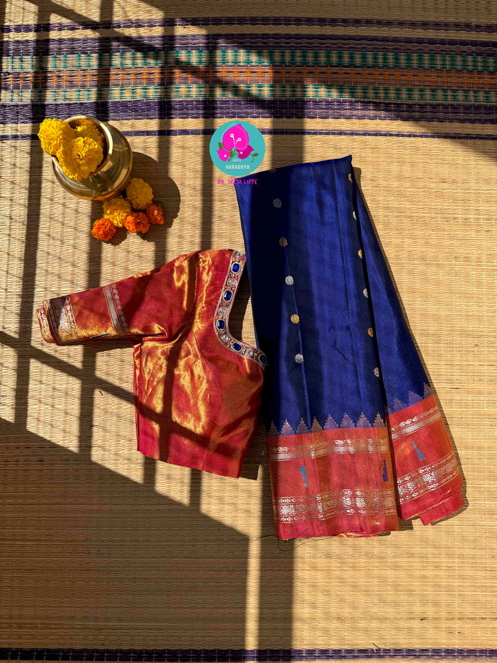 Celestial Depth & Glowing Horizons: Dark Royal Blue Pure Tissue Gadwal with Jeweled Coral Accents