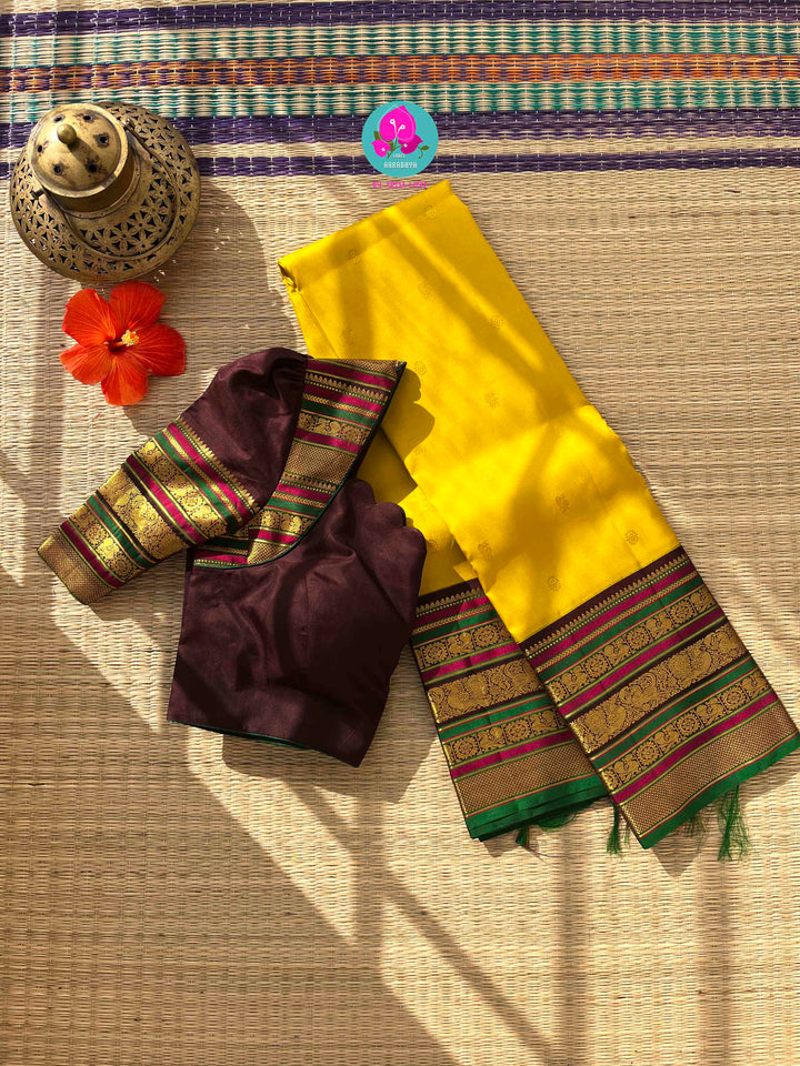 Golden Blessings: Chrysanthemum Yellow Kanchipattu Saree for Auspicious Occasions