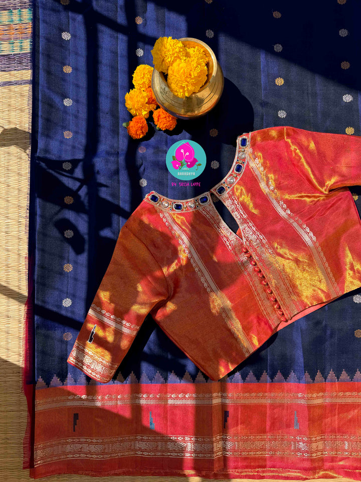 Celestial Depth & Glowing Horizons: Dark Royal Blue Pure Tissue Gadwal with Jeweled Coral Accents