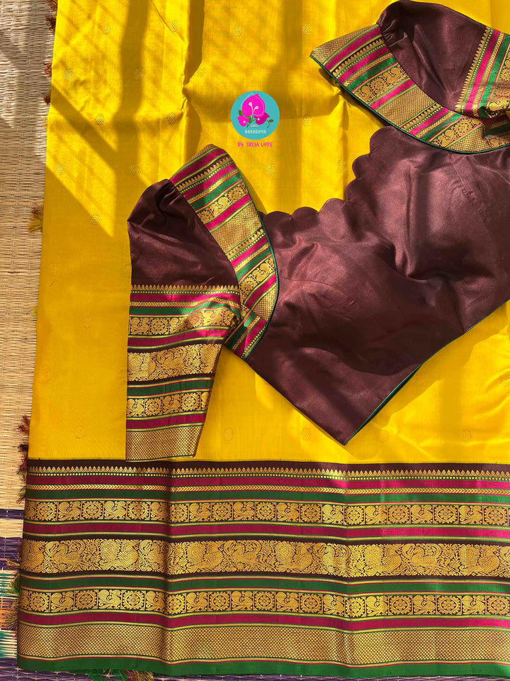 Golden Blessings: Chrysanthemum Yellow Kanchipattu Saree for Auspicious Occasions