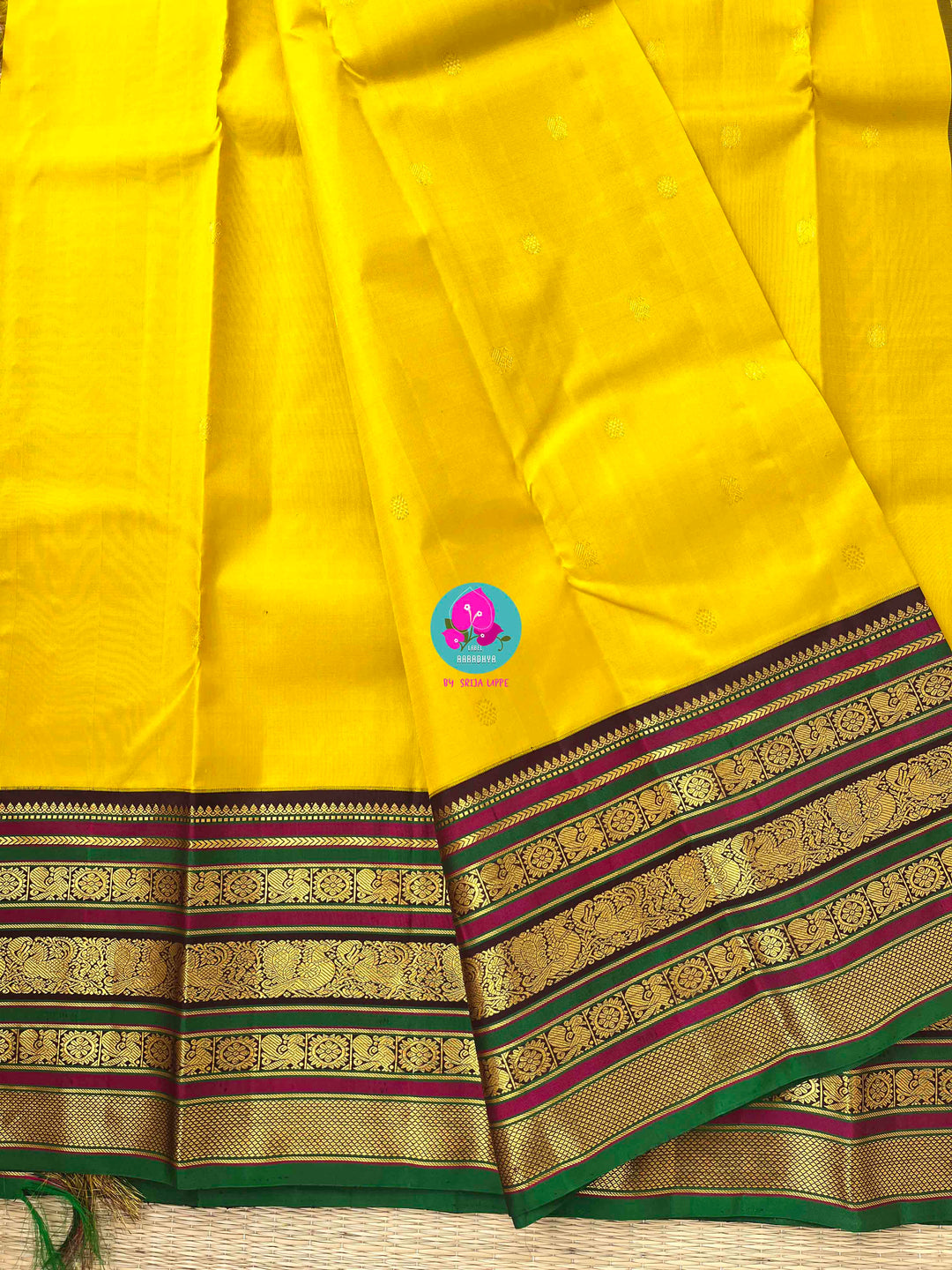 Golden Blessings: Chrysanthemum Yellow Kanchipattu Saree for Auspicious Occasions