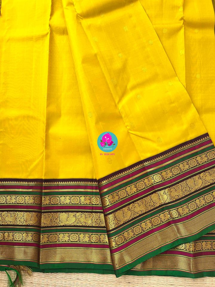 Golden Blessings: Chrysanthemum Yellow Kanchipattu Saree for Auspicious Occasions