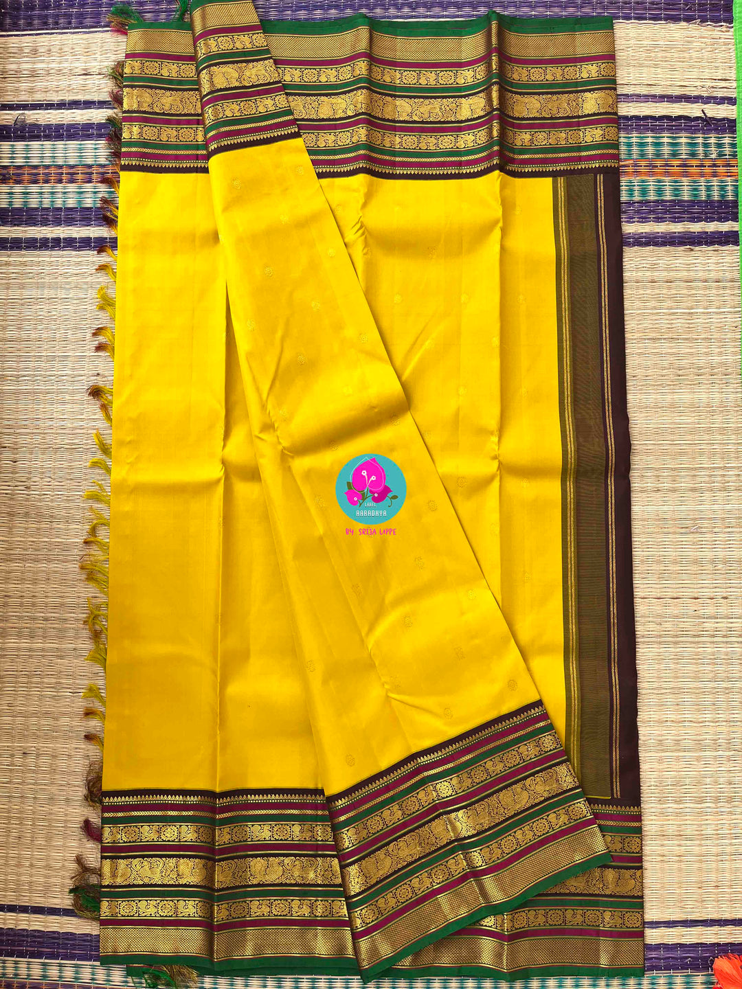 Golden Blessings: Chrysanthemum Yellow Kanchipattu Saree for Auspicious Occasions