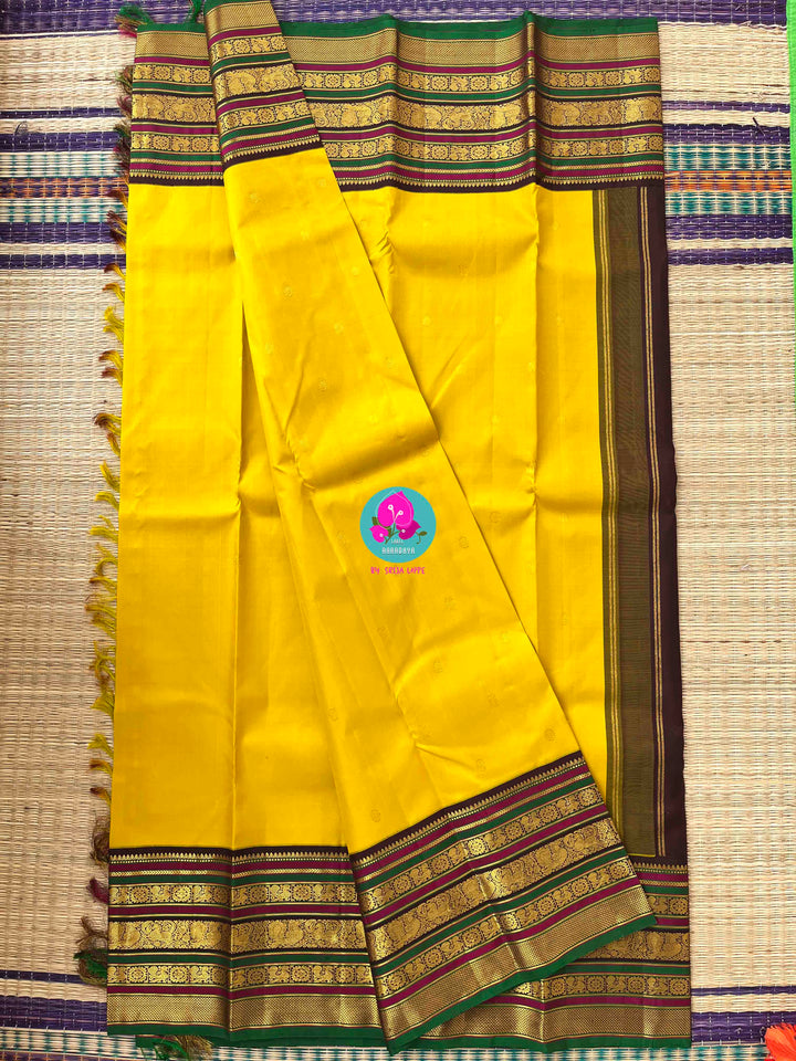 Golden Blessings: Chrysanthemum Yellow Kanchipattu Saree for Auspicious Occasions