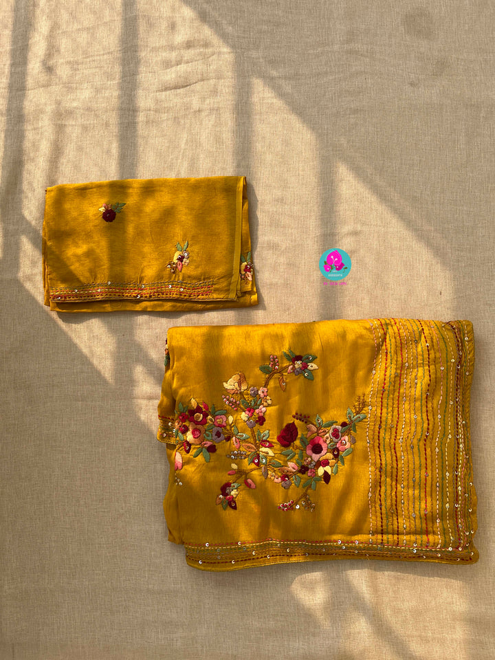 Hand embroidered Russian silk saree