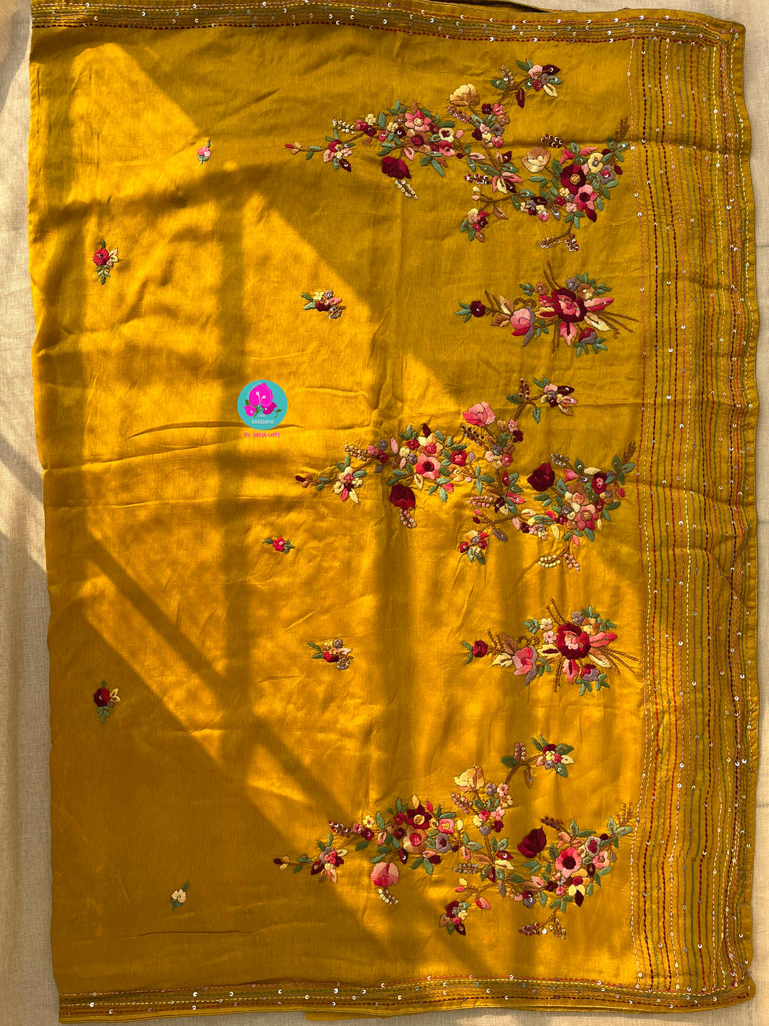 Hand embroidered Russian silk saree