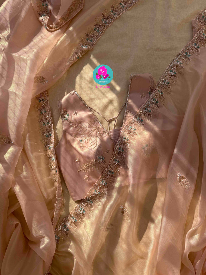 Nectar & Moonlight: Hand-Embroidered Peach & Rose Gold Tissue Saree