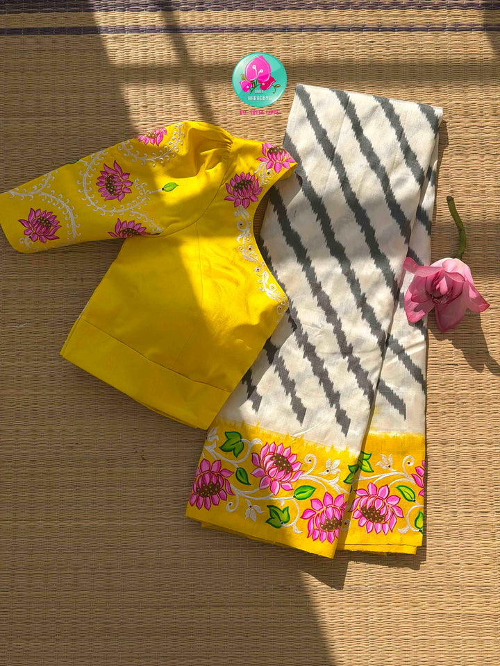 A Heritage Fusion: Hand-Painted Tanjore Lotus Pure Ikkat Silk Saree