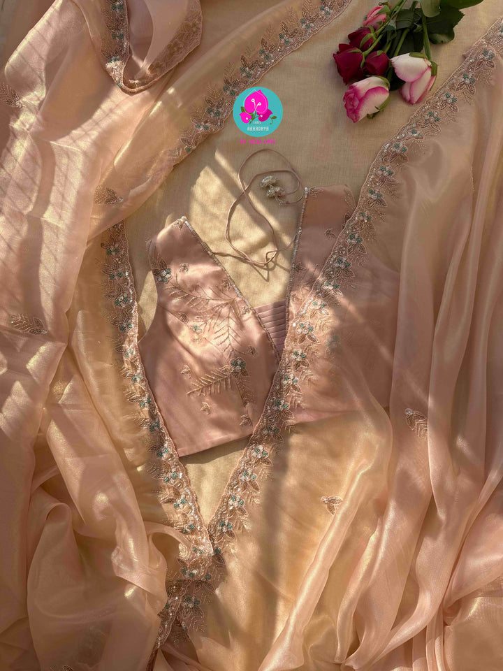 Nectar & Moonlight: Hand-Embroidered Peach & Rose Gold Tissue Saree