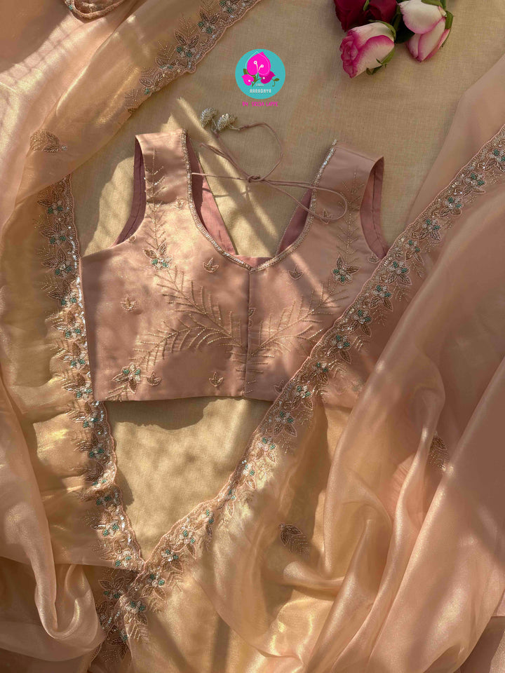 Nectar & Moonlight: Hand-Embroidered Peach & Rose Gold Tissue Saree