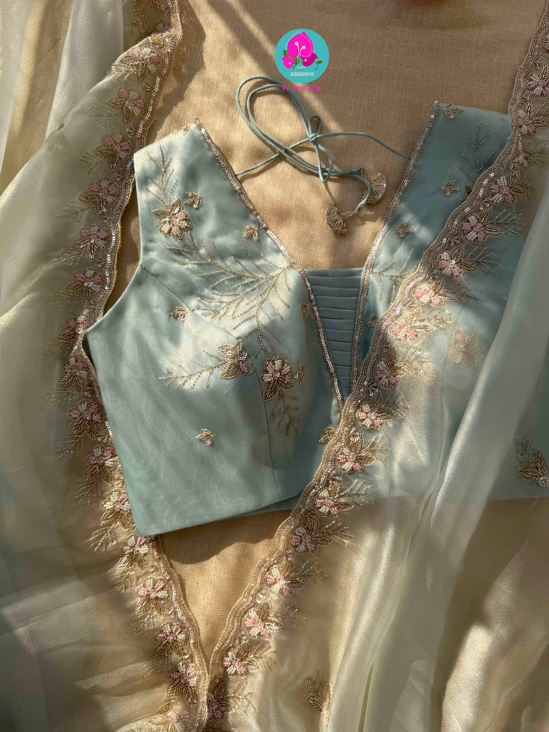 Cerulean Frost & Silver Mist: Hand-Embroidered Light Pastel Blue Tissue Saree