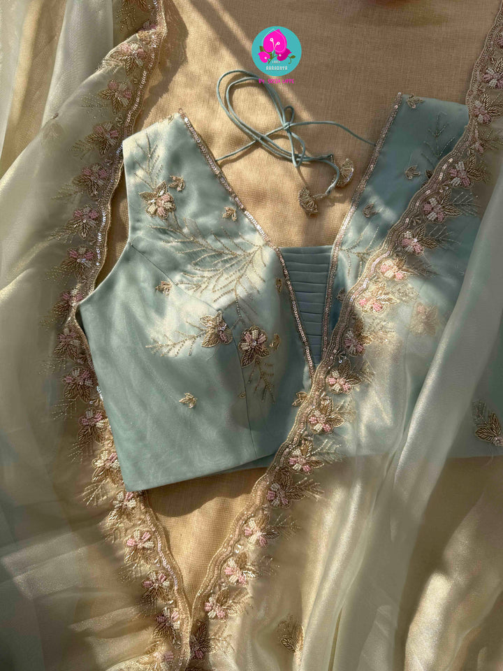 Cerulean Frost & Silver Mist: Hand-Embroidered Light Pastel Blue Tissue Saree
